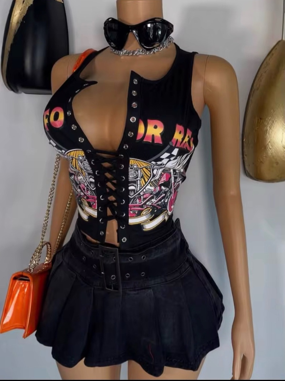 Black Lace-Up Graphic Crop Top - Women's